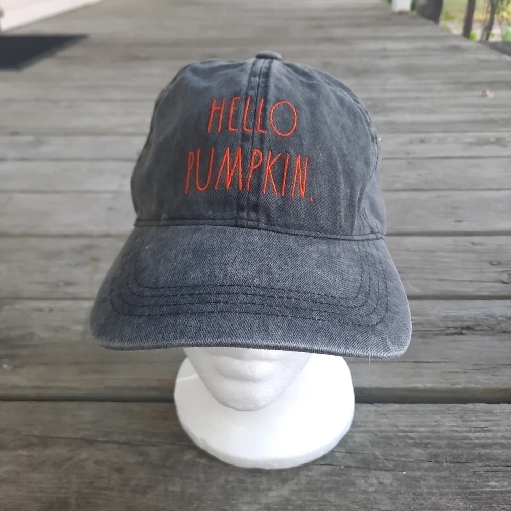 Rae Dunn Hello Pumpkin 100% cotton faded black orange embroidered baseball hat